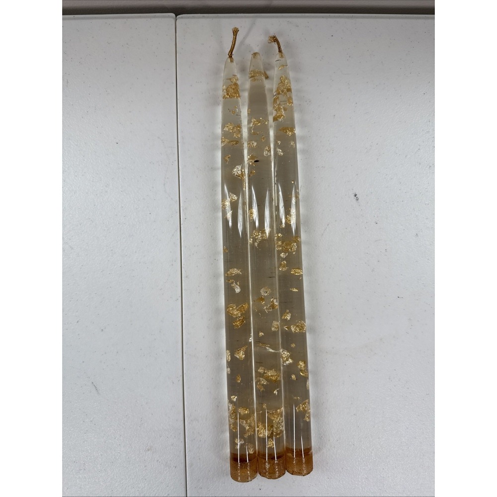 3 - Vintage MCM Lucite Clear Gold Flake 12"‎ Taper Candlesticks